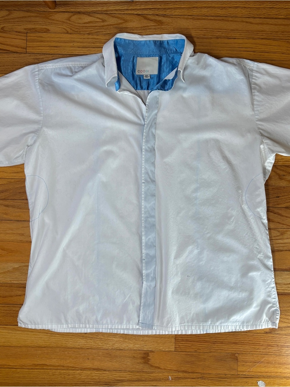 COOGI Men’s White Button Down Shirt XXXL Circles Short Sleeve Blue Inner Collar